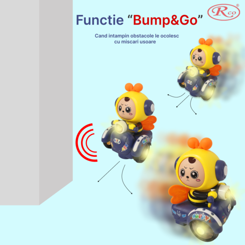 Jucarie Interactiva muzicala, cu lumini multicolore, si expresii faciale, Albinuta cu Scooter, 20.5x14 cm, 3+ ani
