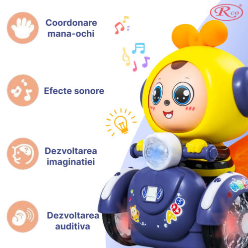 Jucarie Interactiva muzicala, cu lumini multicolore, si expresii faciale, Albinuta cu Scooter, 20.5x14 cm, 3+ ani
