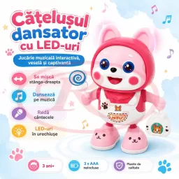 Catelus dansator RCO cu muzica si lumini LED in ambele urechiuse, jucarie interactiva, roz