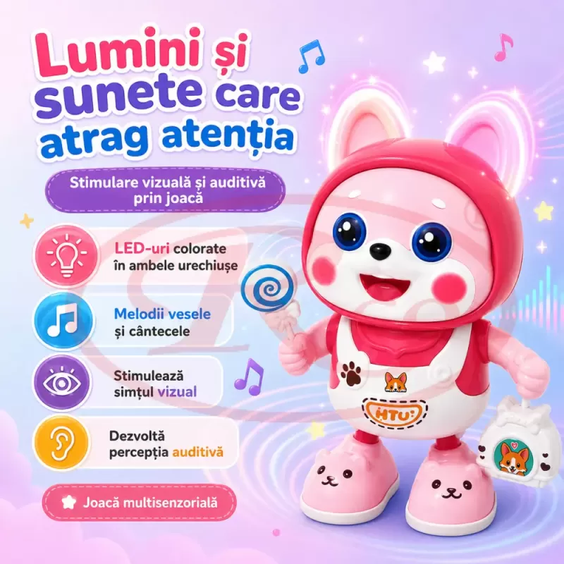 Catelus dansator cu lumini LED, cantece si miscare stanga-dreapta pentru copii