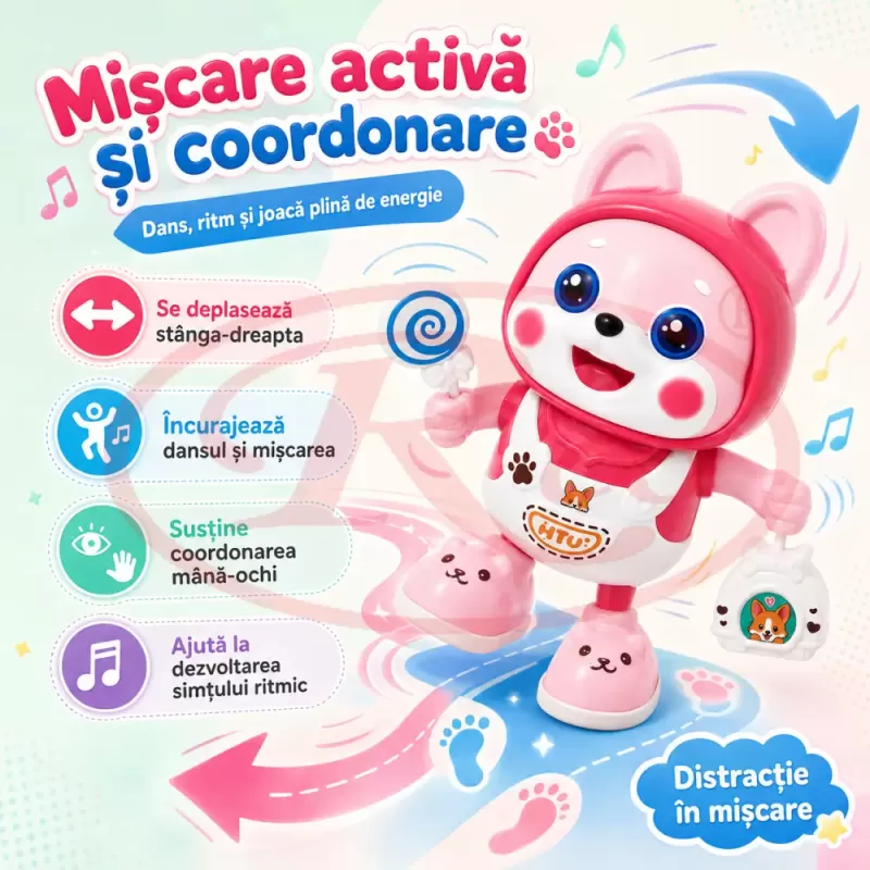 Catelus dansator cu lumini LED, cantece si miscare stanga-dreapta pentru copii