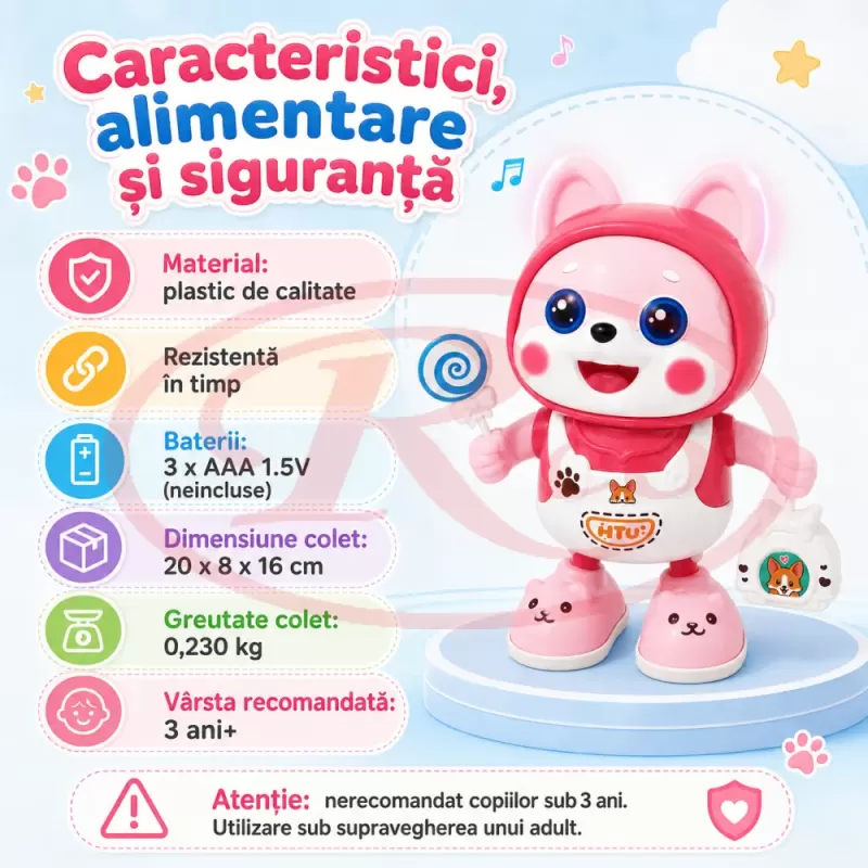 Catelus dansator cu lumini LED, cantece si miscare stanga-dreapta pentru copii