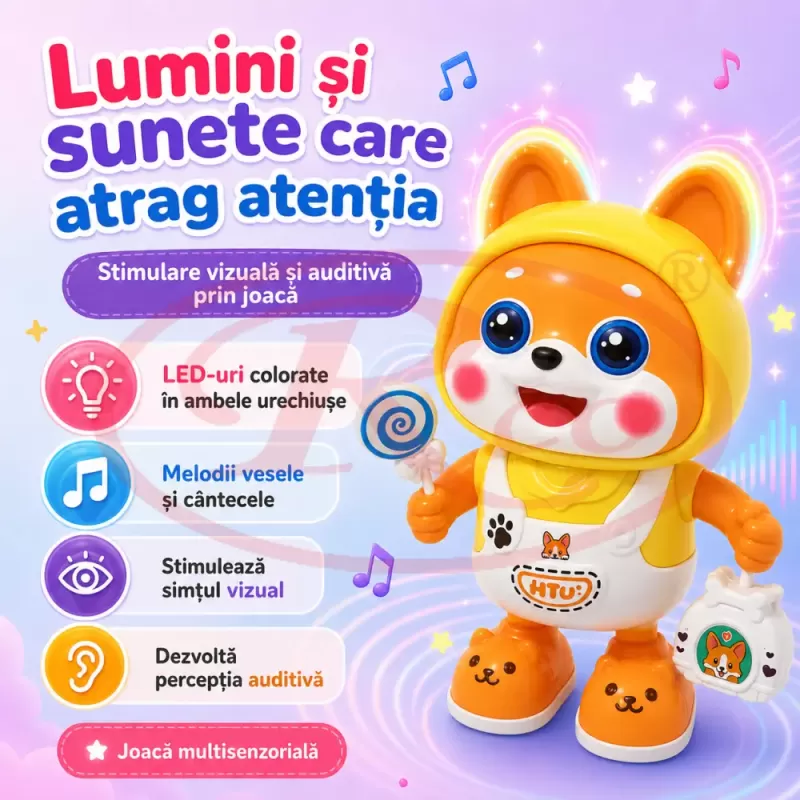 Catelus dansator cu lumini LED, cantece si miscare stanga-dreapta pentru copii