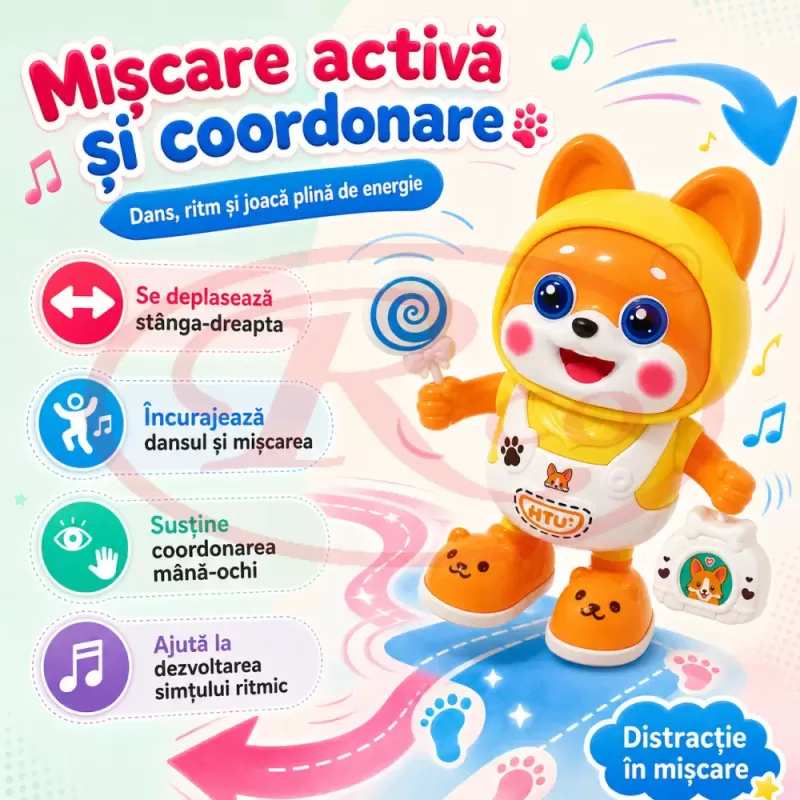 Catelus dansator cu lumini LED, cantece si miscare stanga-dreapta pentru copii