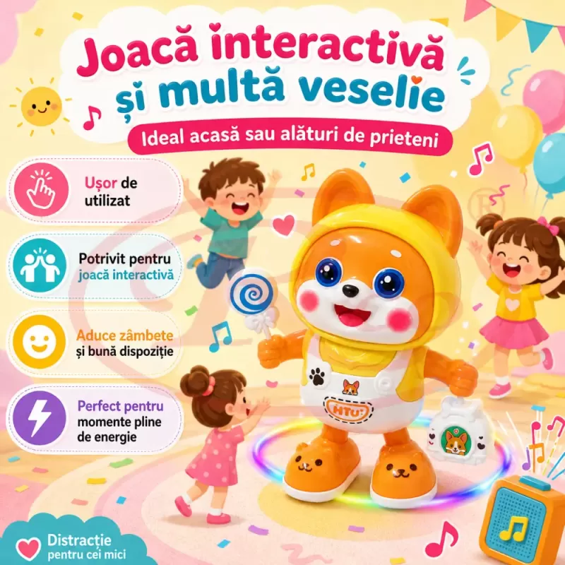 Catelus dansator cu lumini LED, cantece si miscare stanga-dreapta pentru copii