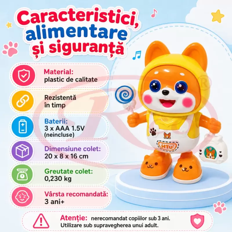 Catelus dansator cu lumini LED, cantece si miscare stanga-dreapta pentru copii