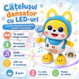 Catelus dansator RCO cu muzica si lumini LED in ambele urechiuse, jucarie interactiva, albastru