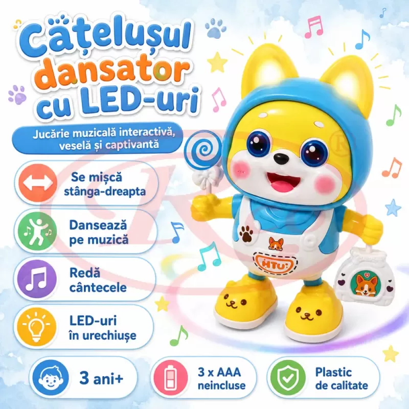 Catelus dansator cu lumini LED, cantece si miscare stanga-dreapta pentru copii
