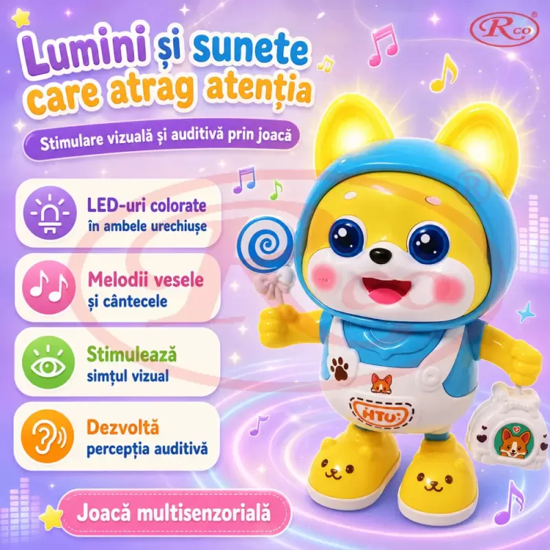 Catelus dansator cu lumini LED, cantece si miscare stanga-dreapta pentru copii