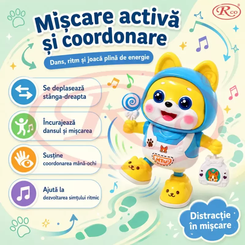 Catelus dansator cu lumini LED, cantece si miscare stanga-dreapta pentru copii