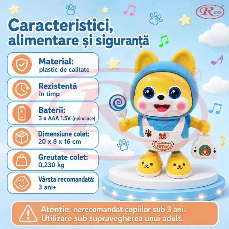 Catelus dansator cu lumini LED, cantece si miscare stanga-dreapta pentru copii