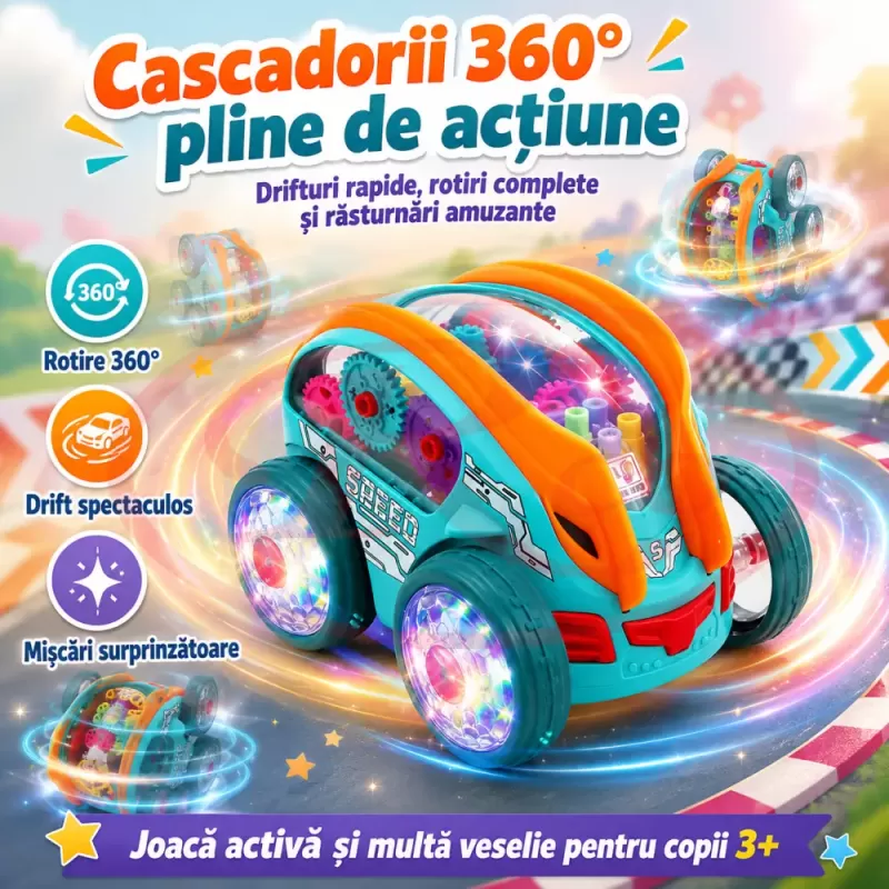 Masinuta acrobatica de drift cu rotire la 360° si rasturnari de 180 grade cu iluminare LED si muzica, 3+