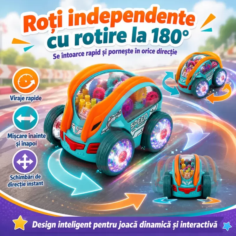 Masinuta acrobatica de drift cu rotire la 360° si rasturnari de 180 grade cu iluminare LED si muzica, 3+