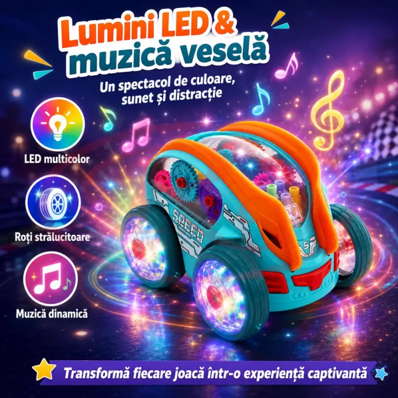 Masinuta acrobatica de drift cu rotire la 360° si rasturnari de 180 grade cu iluminare LED si muzica, 3+