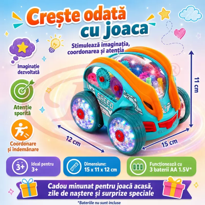 Masinuta acrobatica de drift cu rotire la 360° si rasturnari de 180 grade cu iluminare LED si muzica, 3+