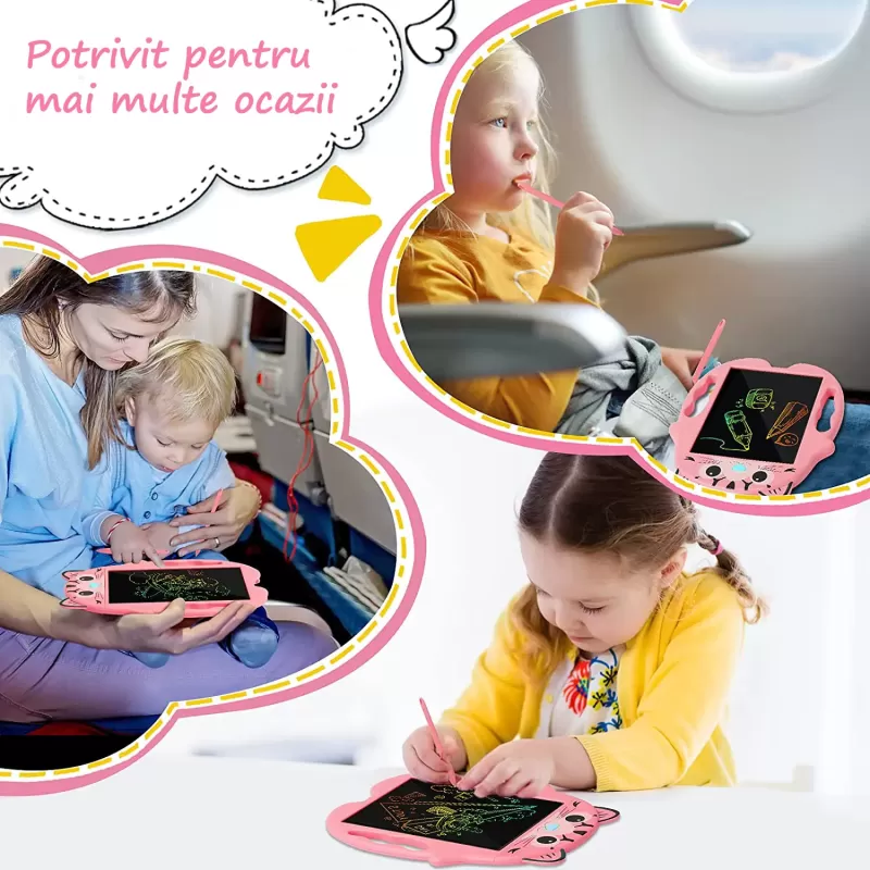 Tableta copii LCD Pisicuta cu buton de stergere, 23cm, Roz