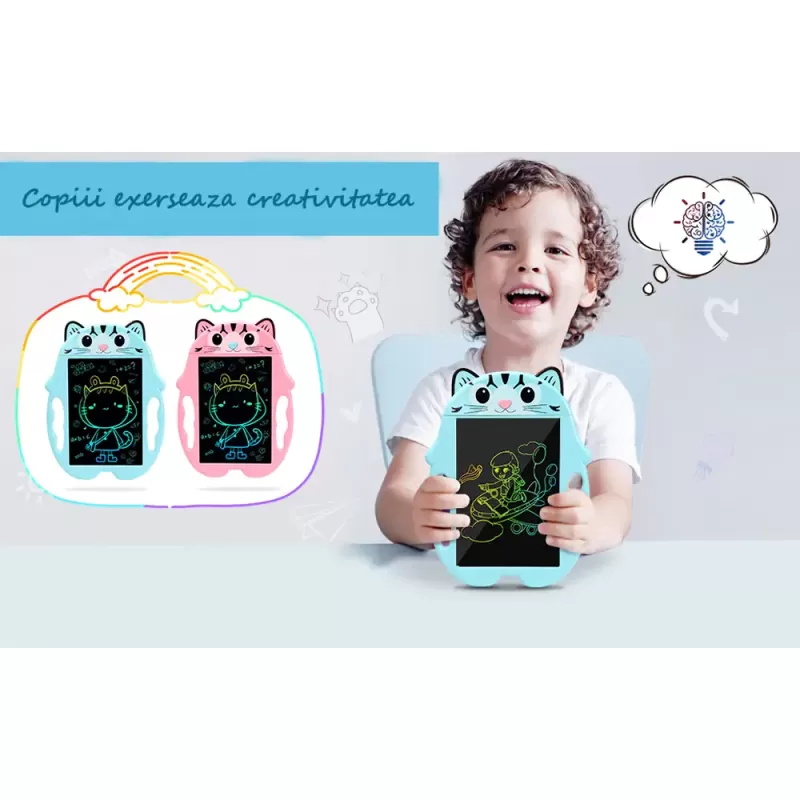 Tableta copii LCD Pisicuta cu buton de stergere, 23cm, Roz