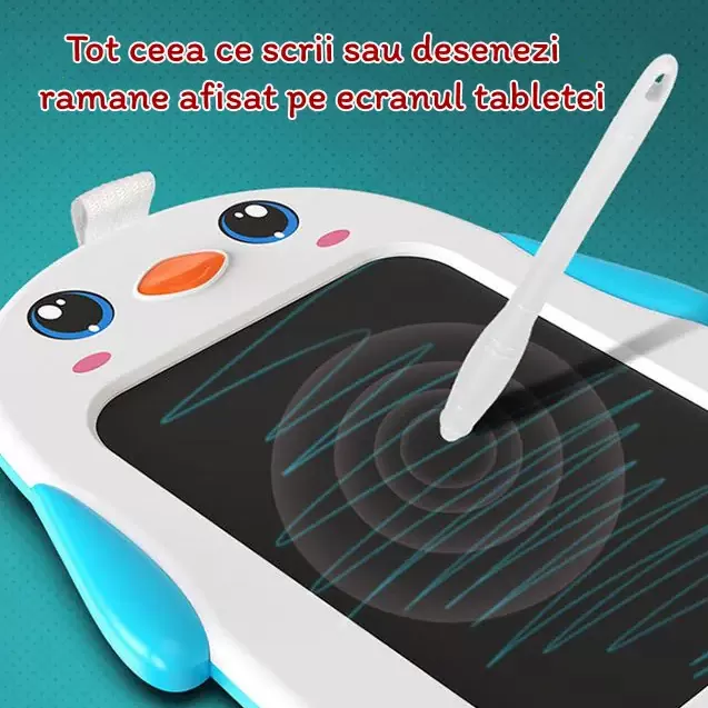 Tableta copii LCD Pinguin cu buton de stergere, 26 x 21 cm, Albastru