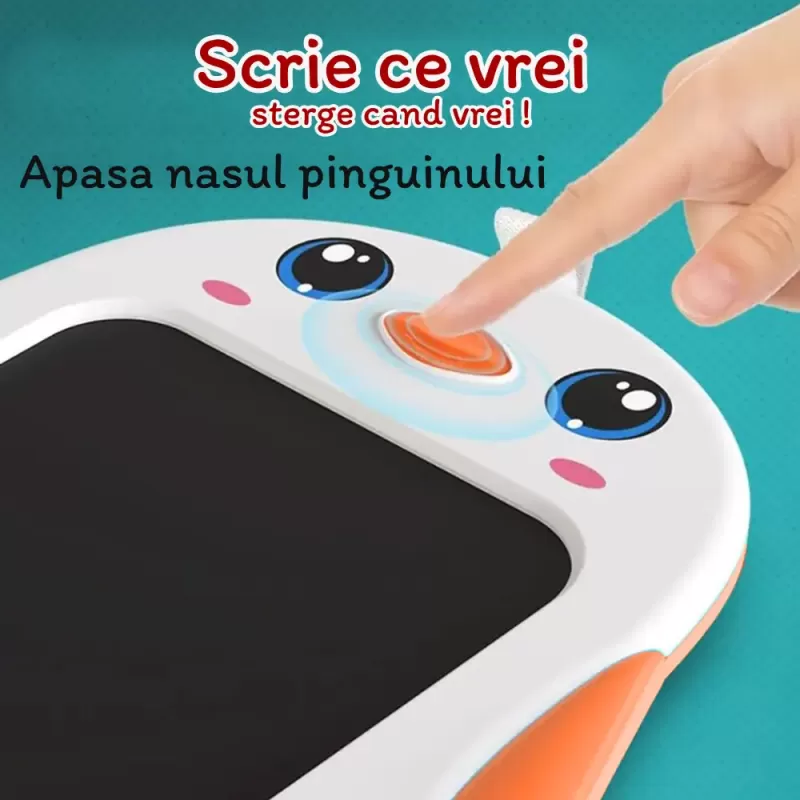 Tableta copii LCD Pinguin cu buton de stergere, 26 x 21 cm, Portocaliu