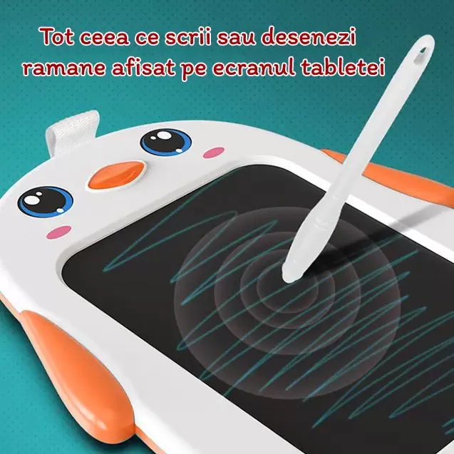 Tableta copii LCD Pinguin cu buton de stergere, 26 x 21 cm, Portocaliu