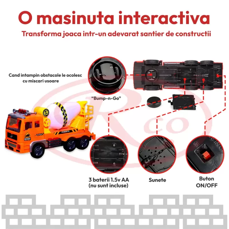Betoniera de jucarie, interactiva, cu sunete si lumini, 27x 13 x 9 cm
