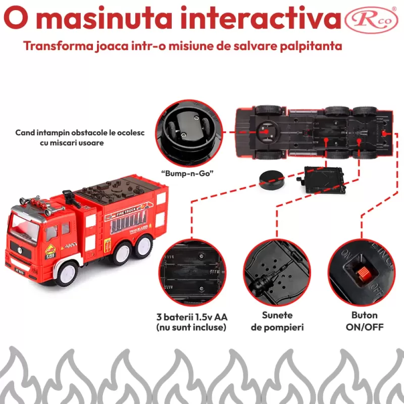 Masina de pompieri de jucarie, interactiva, cu sunete si lumini, 27x 13 x 9 cm