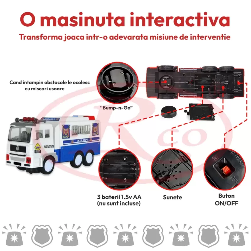 Masina de politie de jucarie, interactiva, cu sunete si lumini, 27 x 13 x 9 cm