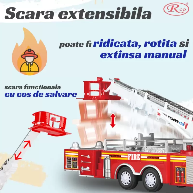 Masina de Pompieri Mare – Scara Extensibila, Lumini si Sunete Realiste, 63 cm