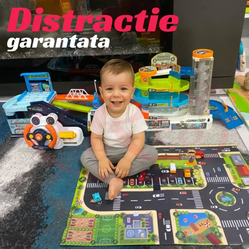 Set 2 in 1, Parcare Interactiva cu Lift Automat, Piste Spirale si 6 Mini Masinute – Jucarie Educativa cu Lumini si Sunete