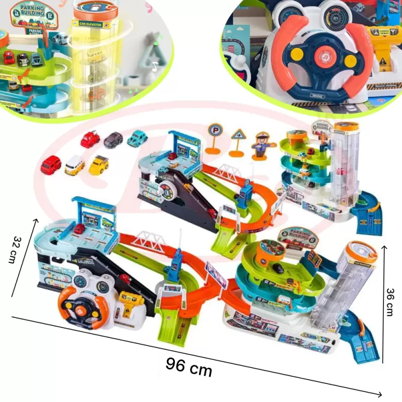 Set 2 in 1, Parcare Interactiva cu Lift Automat, Piste Spirale si 6 Mini Masinute – Jucarie Educativa cu Lumini si Sunete