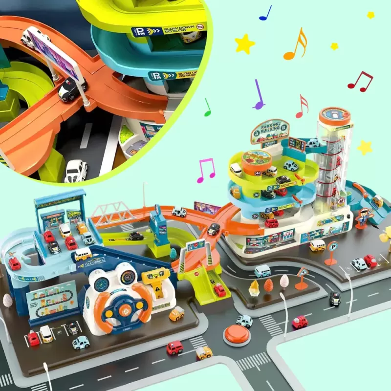 Set 2 in 1, Parcare Interactiva cu Lift Automat, Piste Spirale si 6 Mini Masinute – Jucarie Educativa cu Lumini si Sunete