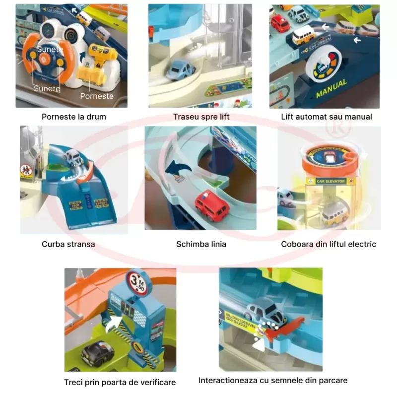 Set 2 in 1, Parcare Interactiva cu Lift Automat, Piste Spirale si 6 Mini Masinute – Jucarie Educativa cu Lumini si Sunete