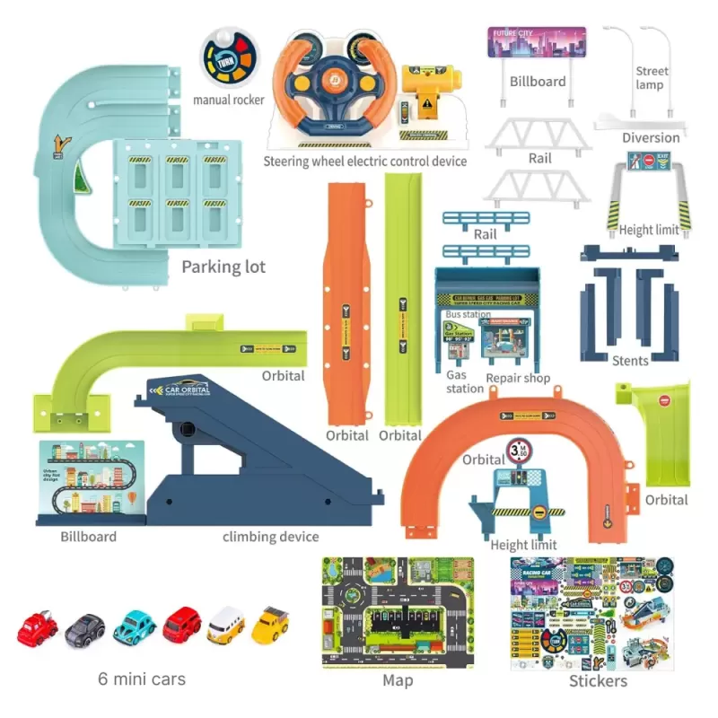 Set 2 in 1, Parcare Interactiva cu Lift Automat, Piste Spirale si 6 Mini Masinute – Jucarie Educativa cu Lumini si Sunete