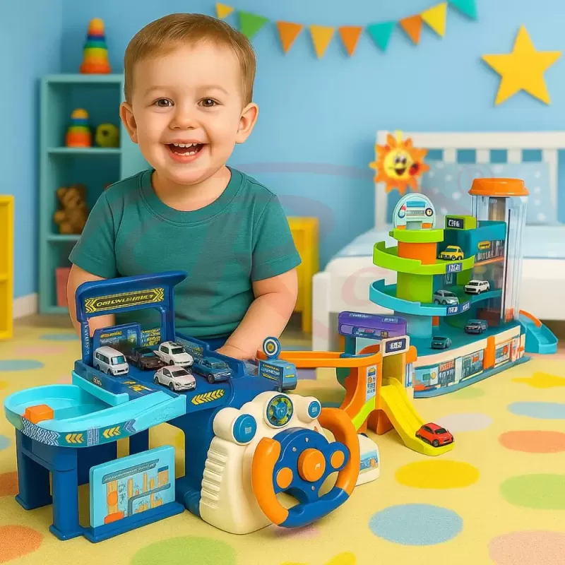 Set 2 in 1, Parcare Interactiva cu Lift Automat, Piste Spirale si 6 Mini Masinute – Jucarie Educativa cu Lumini si Sunete