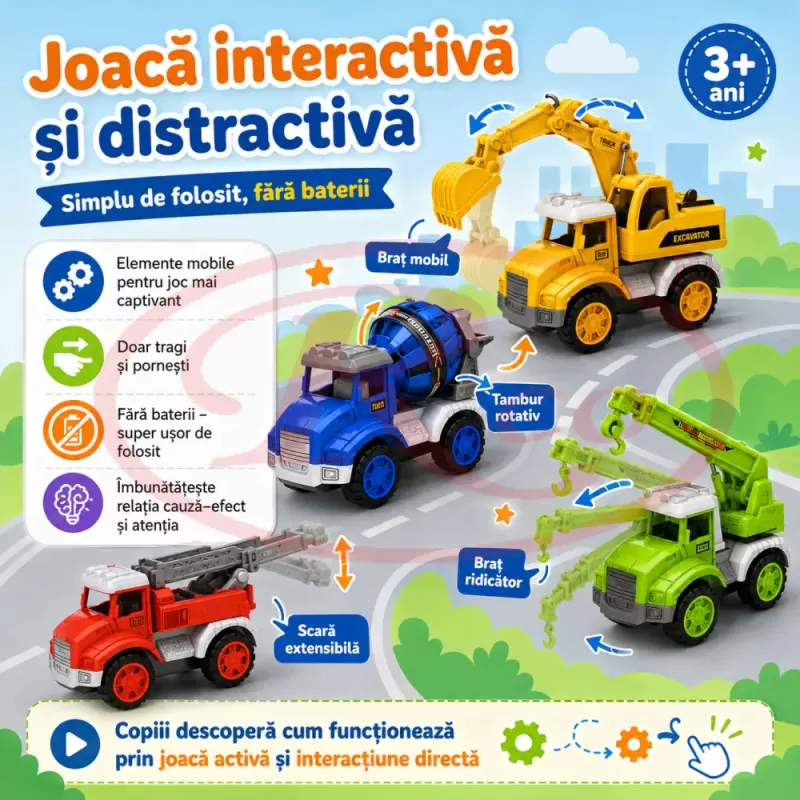 Set 12 Masinute RCO pentru Copii, Vehicule Colorate cu Elemente Mobile, Fara Baterii, 3+ Ani