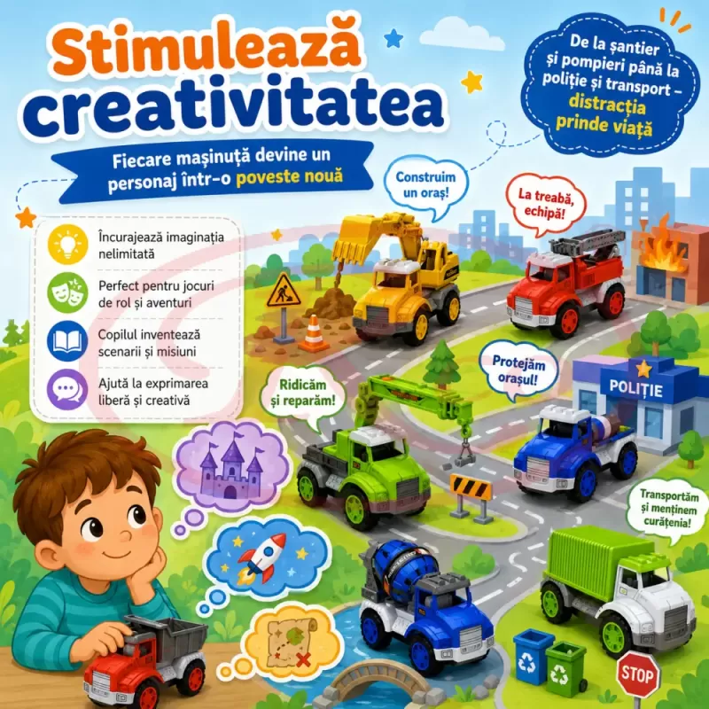 Set 12 Masinute RCO pentru Copii, Vehicule Colorate cu Elemente Mobile, Fara Baterii, 3+ Ani