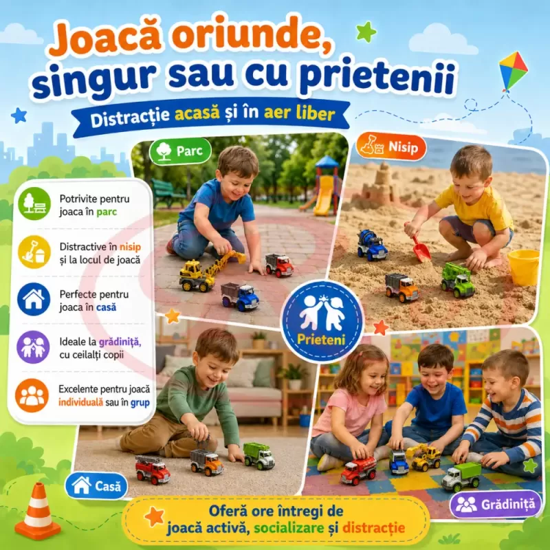 Set 12 Masinute RCO pentru Copii, Vehicule Colorate cu Elemente Mobile, Fara Baterii, 3+ Ani