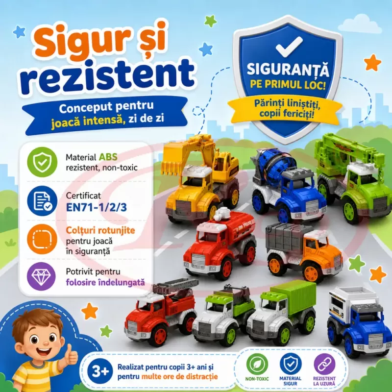Set 12 Masinute RCO pentru Copii, Vehicule Colorate cu Elemente Mobile, Fara Baterii, 3+ Ani