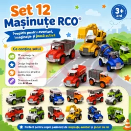 Set 12 Masinute RCO pentru Copii, Vehicule Colorate cu Elemente Mobile, Fara Baterii, 3+ Ani