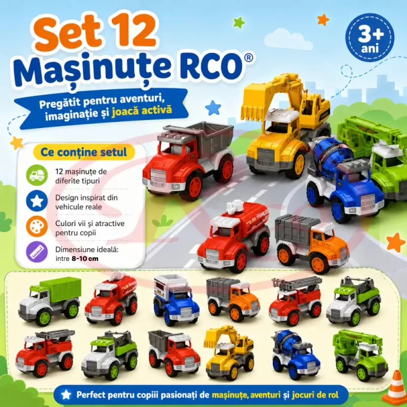 Set 12 Masinute RCO pentru Copii, Vehicule Colorate cu Elemente Mobile, Fara Baterii, 3+ Ani
