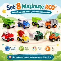 Set 8 Masinute RCO pentru Copii, Vehicule Colorate cu Elemente Mobile, Fara Baterii, 3+ Ani