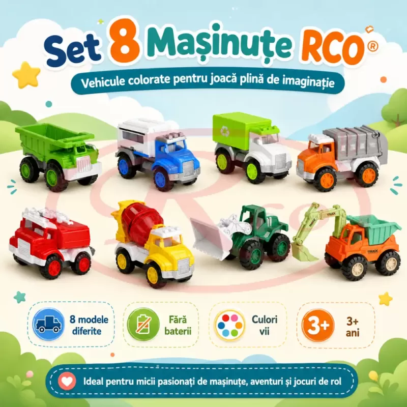Set 8 Masinute RCO pentru Copii, Vehicule Colorate cu Elemente Mobile, Fara Baterii, 3+ Ani