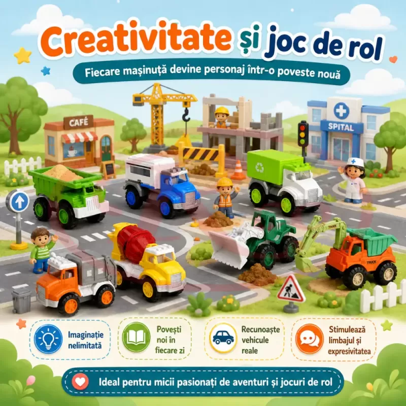 Set 8 Masinute RCO pentru Copii, Vehicule Colorate cu Elemente Mobile, Fara Baterii, 3+ Ani