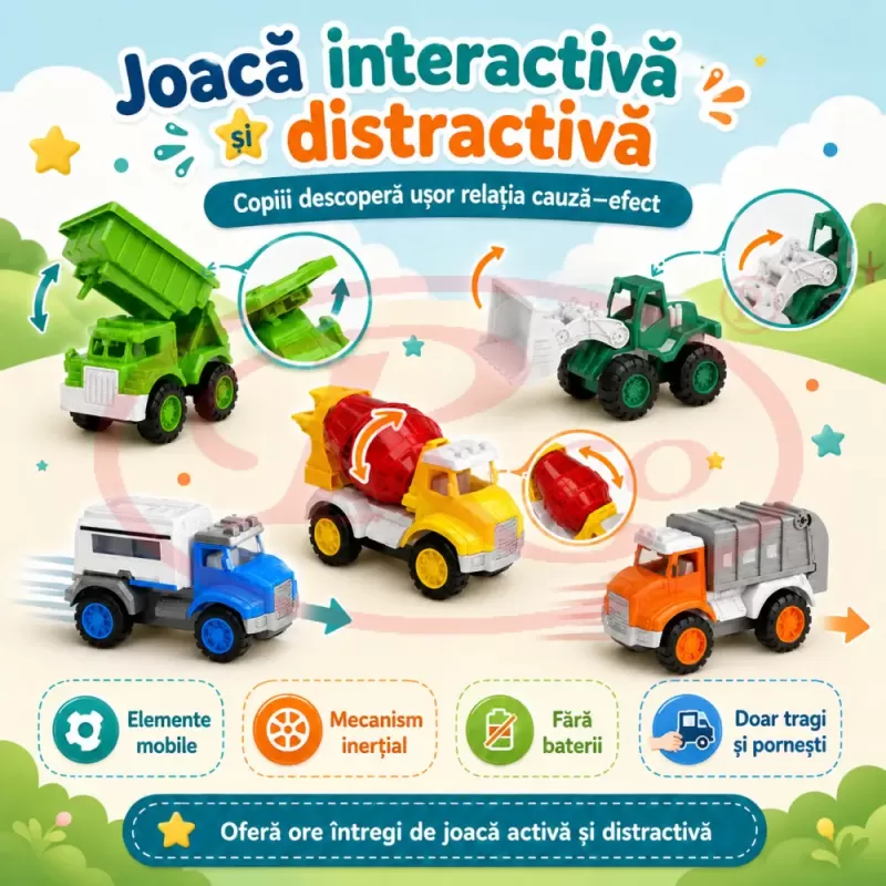 Set 8 Masinute RCO pentru Copii, Vehicule Colorate cu Elemente Mobile, Fara Baterii, 3+ Ani