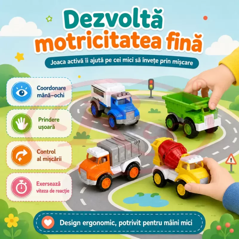 Set 8 Masinute RCO pentru Copii, Vehicule Colorate cu Elemente Mobile, Fara Baterii, 3+ Ani