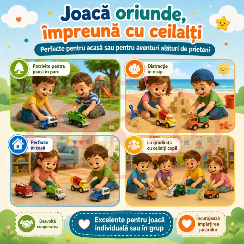 Set 8 Masinute RCO pentru Copii, Vehicule Colorate cu Elemente Mobile, Fara Baterii, 3+ Ani