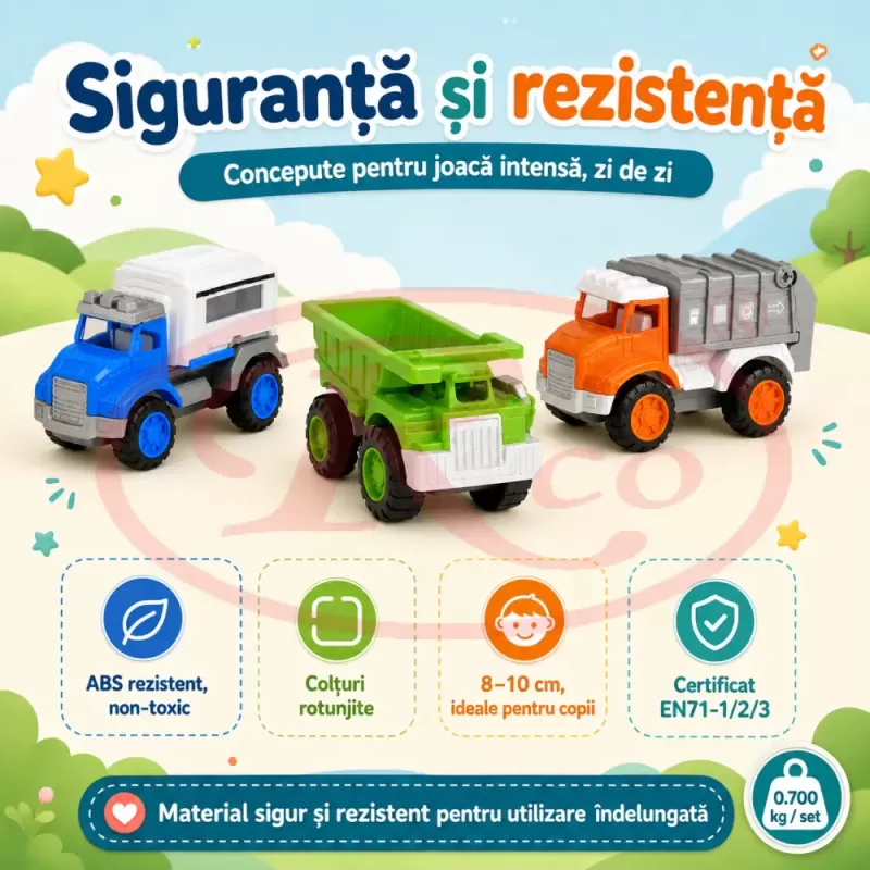 Set 8 Masinute RCO pentru Copii, Vehicule Colorate cu Elemente Mobile, Fara Baterii, 3+ Ani