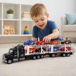 Camion Transport Masini cu Remorca Transportatoare si 8 Masinute de Curse 