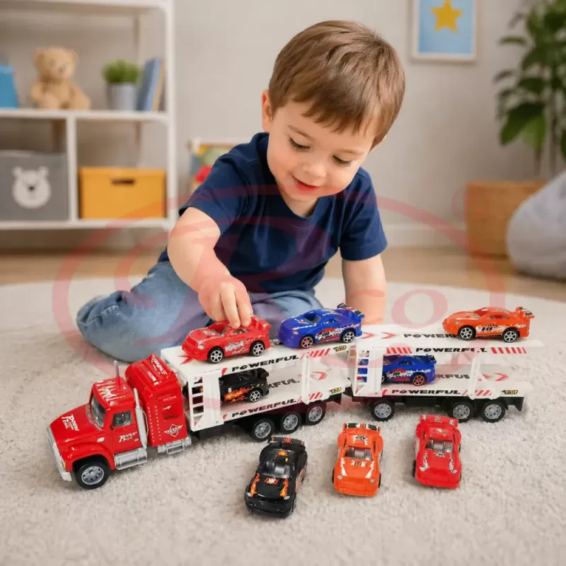 Camion Transport Masini cu Remorca Transportatoare si 8 Masinute de Curse 