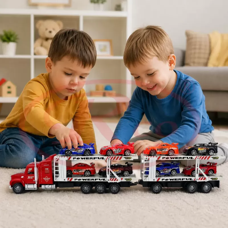 Camion Transport Masini cu Remorca Transportatoare si 8 Masinute de Curse 